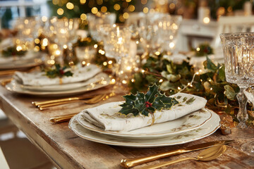 Christmas Holiday Table Setting with Holly Napkin Ring on Porcelain Plates Gold Flatware Crystal Goblet