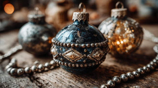 Weathered Blue Christmas Ornament with Metallic Bead Garland on Rustic Wooden Surface Vintage