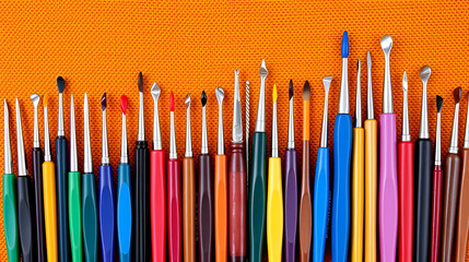 A vibrant array of crochet hooks, their colorful handles arranged in a neatly ordered row, stood against the warm backdrop of an orange canvas, a testament to the creativity and patience of a