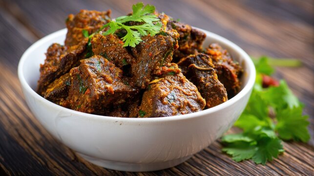 High resolution photo of mutton Liver fry or Kaleji masala, popular Non vegetarian recipe from India and Pakistan. served dry or with curry in a bowl, karahi or plate.