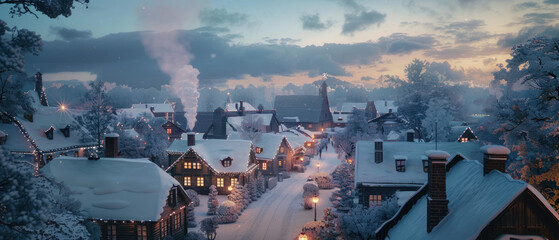 Snowy winter village with smoking chimneys and mountains at dusk
