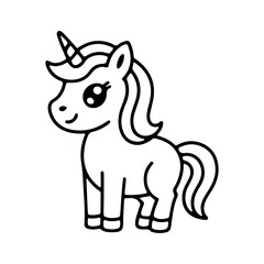 Cute cartoon unicorn with a playful expression and flowing mane standing in a simple outline style