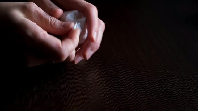 Hands crumpling clean paper napkin close-up on black background. Macro shooting of crumpled sheet. The concept of relieving tension, stress and anxiety. Side view. High quality 4k footage.