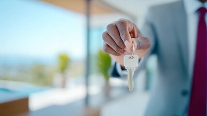 Key Handover: A real estate professional extends a key, embodying the symbolic passing of a home, symbolizing new beginnings, ownership, and the culmination of dreams. 
