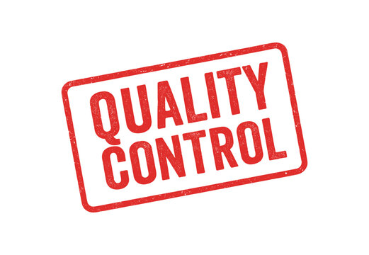 Red rubber stamp text QUALITY CONTROL rectangular outline bold capital letters distressed texture rotation isolated on white background vector illustration clean minimal style