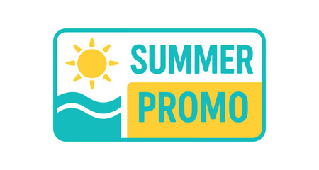 Fototapeta premium Flat vector banner design icon of sun and wave near text SUMMER PROMO turquoise and modern layout