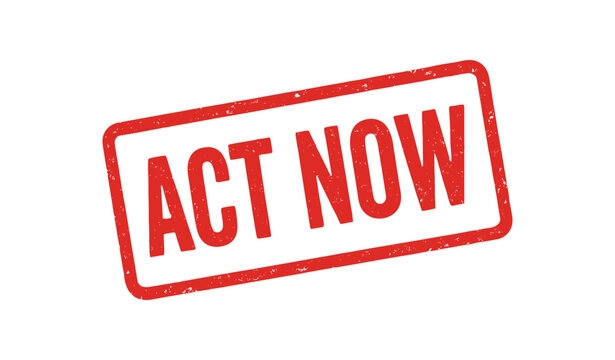 Red rubber stamp text ACT NOW rectangular outline bold capital letters distressed texture rotation isolated on white background vector illustration clean minimal style