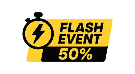 Flat vector banner design icon of stopwatch with lightning bolt near text EVENT 50% black and rectangle with bold font