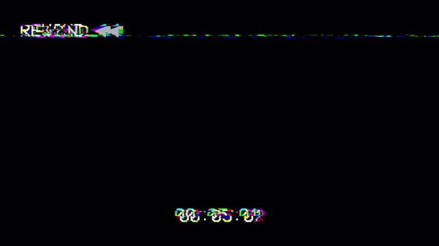 old VCR rewind display overlay with digital glitch timecode countdown. Perfect retro 90s aesthetic background or analog distortion effect.
