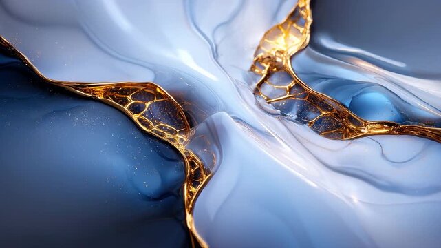 Elegant abstract blue and gold fluid art animation with liquid marble and kintsugi effect