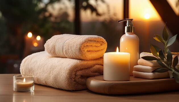 spa essentials towels soap candle and lotion create a relaxing and rejuvenating atmosphere