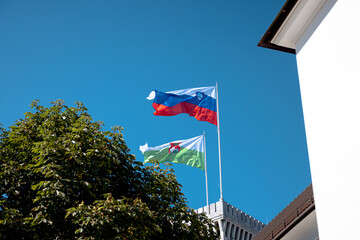 Ljubljana, Slovenia – July 14, 2025: The Slovenian national flag and the City of Ljubljana flag...