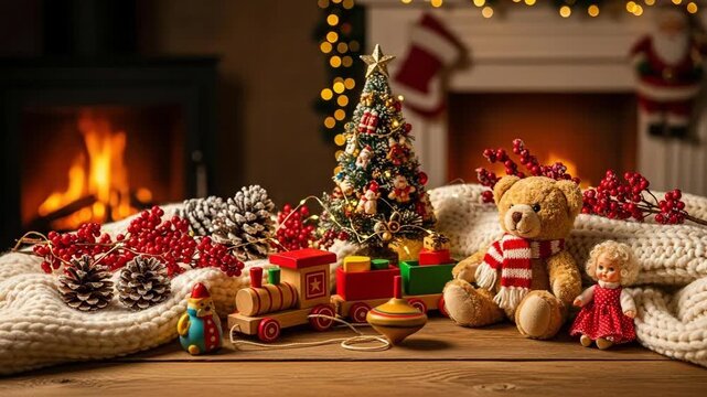 Christmas setup with toy train, teddy bear, and doll before a fireplace, decorated with pinecone and berry for holiday season
