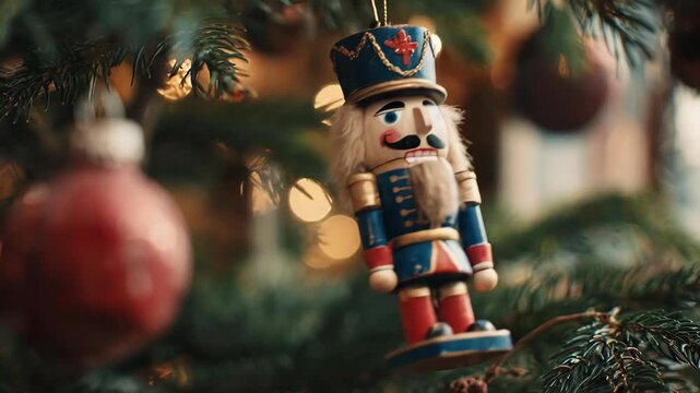 Nutcracker ornament on a christmas tree, a holiday decoration that shifts position among lights and blurred ornaments.