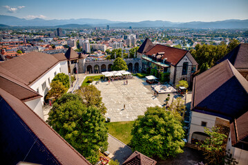 Ljubljana, Slovenia – July 14, 2025: Aerial views of Ljubljana from Castle Hill showcasing...