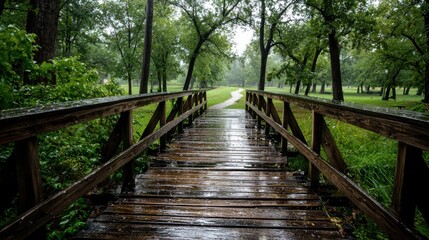 High resolution photo of peaceful wooden bridge leads into a green area, wet from recent rain, inviting walkers to explore nature.