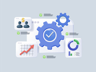 Improved business operations and strategic growth 3D render vector illustration. Business Process Automation, Management technology driven strategy illustration with Gears and Technology Elements