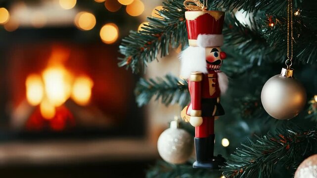 Nutcracker ornament on artificial Christmas tree with fireplace and warm bokeh lights. Holiday decoration for winter season and new year.
