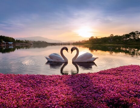 two swans forming a heart shape on a serene pink flower lake at dawn - Powered by Adobe