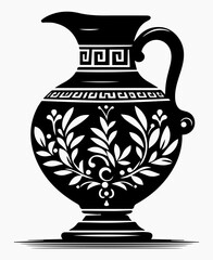 Black and white illustration of an antique ceramic jug with an ancient Greek floral ornament. Vector graphics. EPS_02.