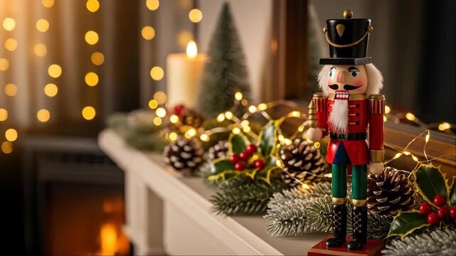 A christmas nutcracker doll and holiday decor display on a fireplace mantel, with bokeh lights and a cozy fire in the background