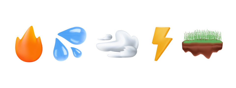 Fire, water, air and electricity, ground icons. Utilities, weather apps, emergency systems, and environmental design. Public utilities service. 3D render Vector illustration