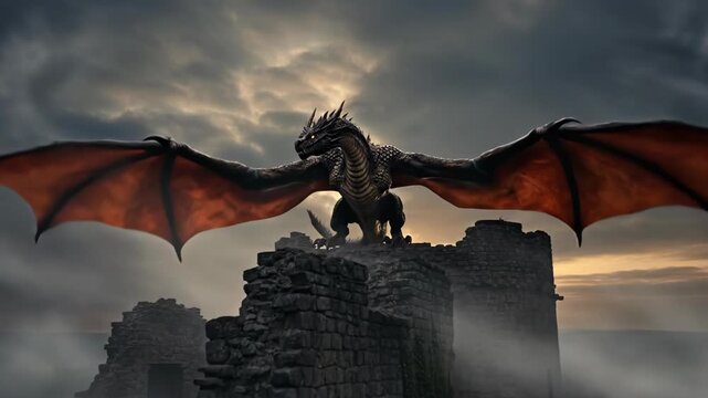 Winged creature animated on top of a stone castle ruin with rising smoke. Fantasy monster video game or movie clip with dramatic sky, digital art.