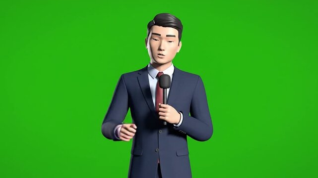 Cartoon businessman holding microphone. Animated character in blue suit. Green screen background. Vector illustration for presentation or video. Businessman avatar. Cartoon style. Microphone in hand.