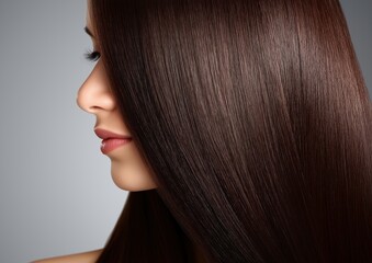 Naklejka premium a beautiful woman with long, brown, healthy, straight, and shiny hair. the hairstyle is stylish and model-worthy, perfect for a beauty salon.