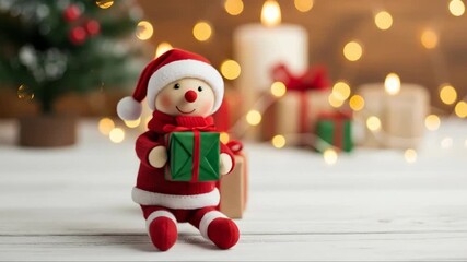Adorable plush snowman doll holding a christmas gift on white wooden table with twinkling lights and candles. Holiday greeting card design. - Powered by Adobe