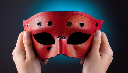 hand holding a stylized red mask with black eye holes