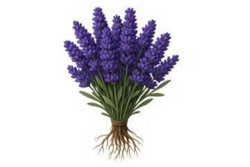 Lavender flower bouquet tied with twine, showing roots and green leaves. Botanical illustration of aromatic herb on transparent background