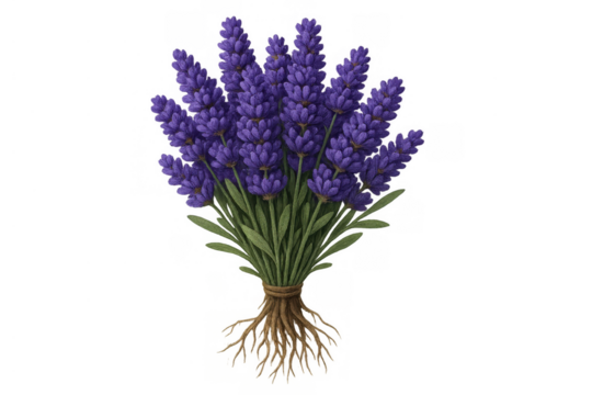 Lavender flower bouquet tied with twine, showing roots and green leaves. Botanical illustration of aromatic herb on transparent background - Powered by Adobe