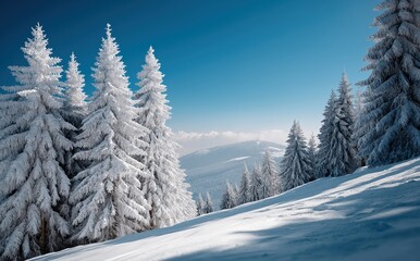 Obraz premium beautiful winter landscape with snow-covered trees in the mountains. winter background. christmas card, new year's day concept. copy space for text or design. 