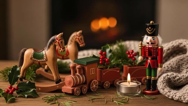 Wooden toy train, rocking horse, and nutcracker with festive decor for Christmas holiday with candle light