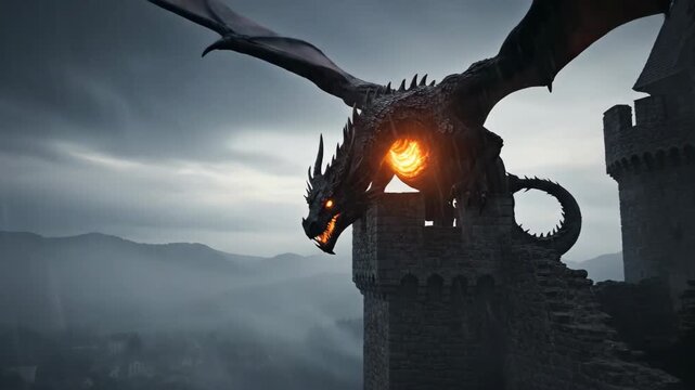 Dragon on a castle turret exhaling smoke and fire, fantasy creature on a medieval fortress. Danger and power concept.