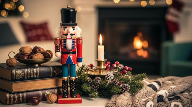 Nutcracker figurine in a festive Christmas display with books and nuts, fire burning in the background