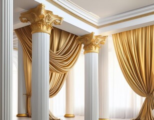 white and gold classical columns with draped fabric in luxurious interior