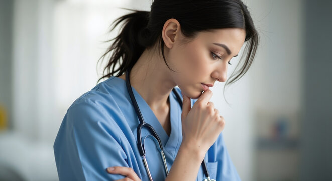 A serious female nurse in blue scrubs and a stethoscope looks down with a thoughtful or concerned expression, holding her chin. - Powered by Adobe
