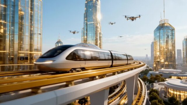 A futuristic high-speed maglev train travels through a modern city with flying drones