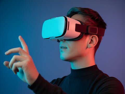 Modern man explores virtual reality with cutting edge VR headset, experiencing immersive digital world with futuristic tech - Powered by Adobe