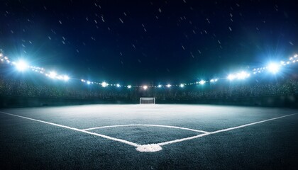 view of a sports field on a dark and snowy night with brightly lit stadium lights illuminating the field