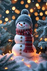 Cute snowman with knitted hat and scarf surrounded by Christmas lights in a snowy winter forest