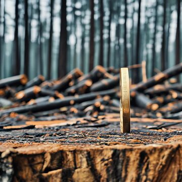 ESG-Concept, Bitcoin and Deforestation: felled tree trunks in a deforested area, indirect consequences of high energy demands leading to environmental degradation, reality of ecological harm