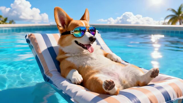 Playful corgi relaxing on pool float with sunglasses under sunny palm