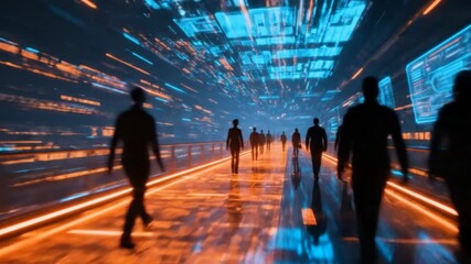People walking through a high-speed data stream tunnel in a futuristic motion blur - Powered by Adobe