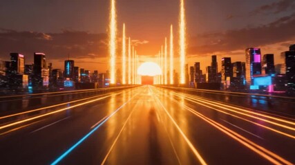 A lone figure on a highway with light trails driving into a futuristic neon city sunset - Powered by Adobe
