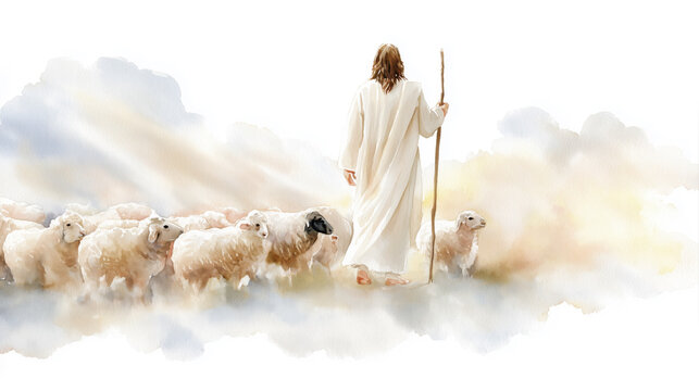 Shepherd Jesus Christ Taking Care of Sheep Watercolor Illustration Isolated on White Background