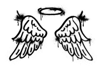 Graffiti style angel wings with a spray painted halo, dripping paint texture and strong street art vibe. © Kolerowa
