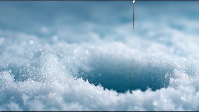 Fishing Hook Dropped Into an Ice Hole During Winter in a Snowy Landscape